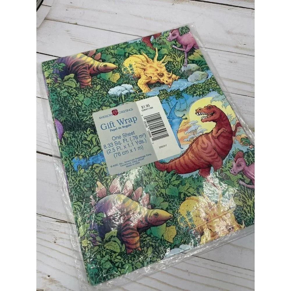 Vintage Wrapping Paper Lot Of 3 NOS Tools Dinosaurs Floral Retro Sheets Made USA